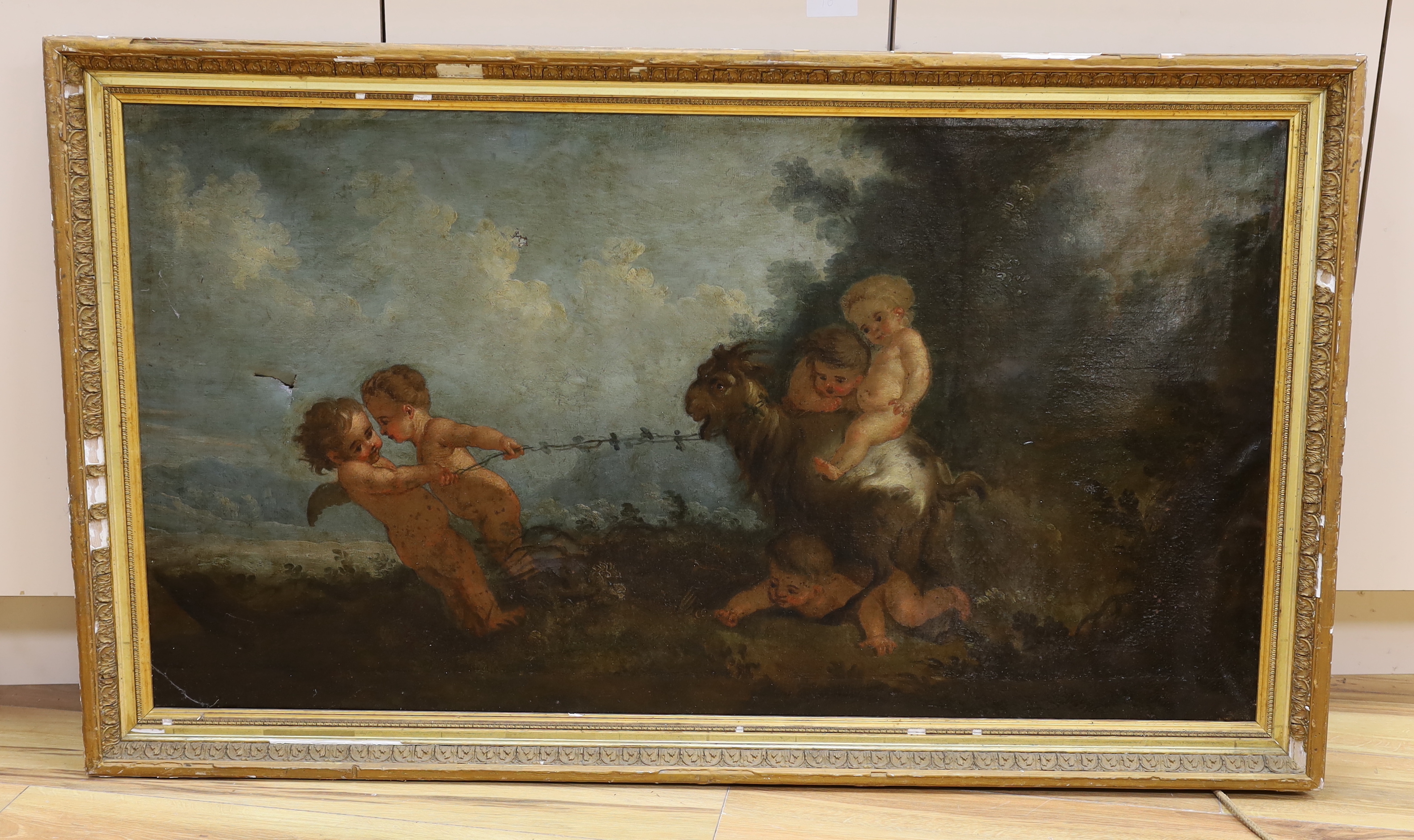After Francois Boucher (French, 1703-1770) oil on canvas, Cherubs riding a goat, 113 x 61cm